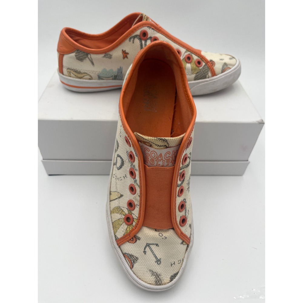 Coach Bev Canvas Slip On Sneakers Orange White Starfish A1652 Womens 6.5B